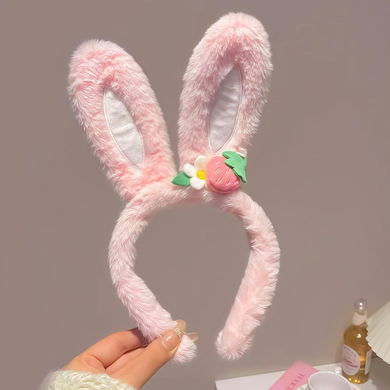 Doneace Easter Bunny Ears Headband Plush Easter Rabbit Ear Hairband Cute Strawberry Bunny Ears Headbands for Women Easter Cosplay Party Headwear Festival Costume Hair Accessories Gift 1PCS(Pink) - Image 3